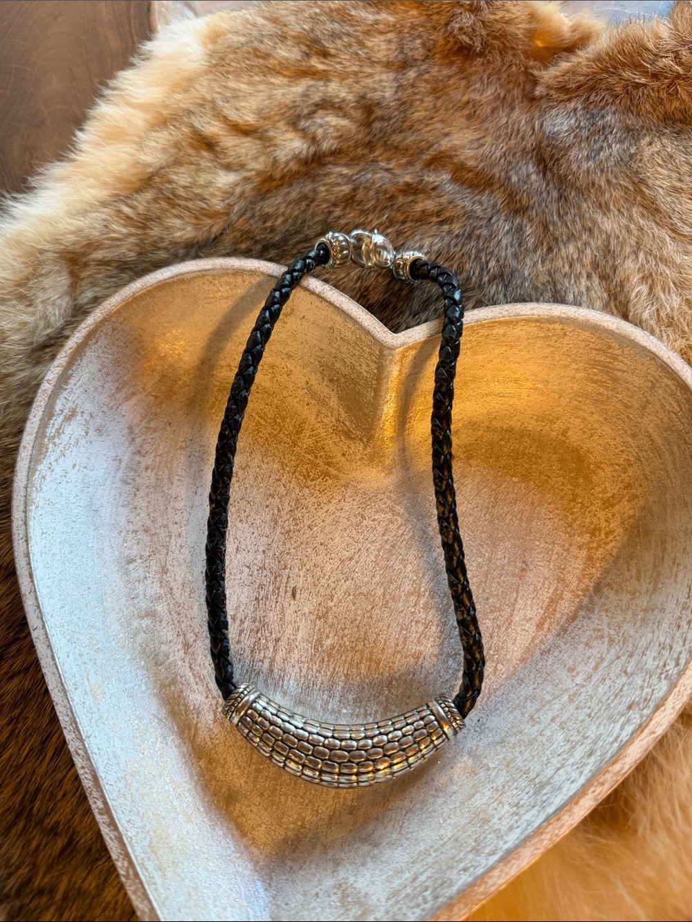 Black Braided Leather Necklace with Silver Accent